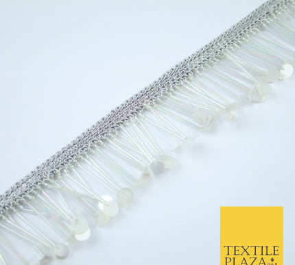SILVER PEARL WHITE Sequin Glass Tube Fringe Tassel Trim Ribbon Border Lace X127