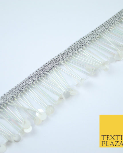 SILVER PEARL WHITE Sequin Glass Tube Fringe Tassel Trim Ribbon Border Lace X127
