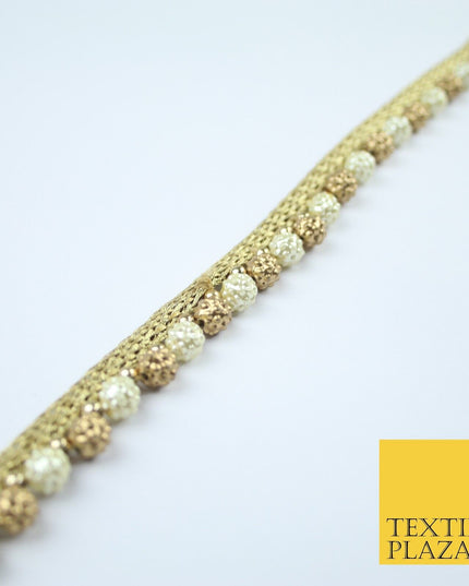 Ivory Cream / Antique Gold Textured Pearl Beaded Trim Border Gota Lace - X209