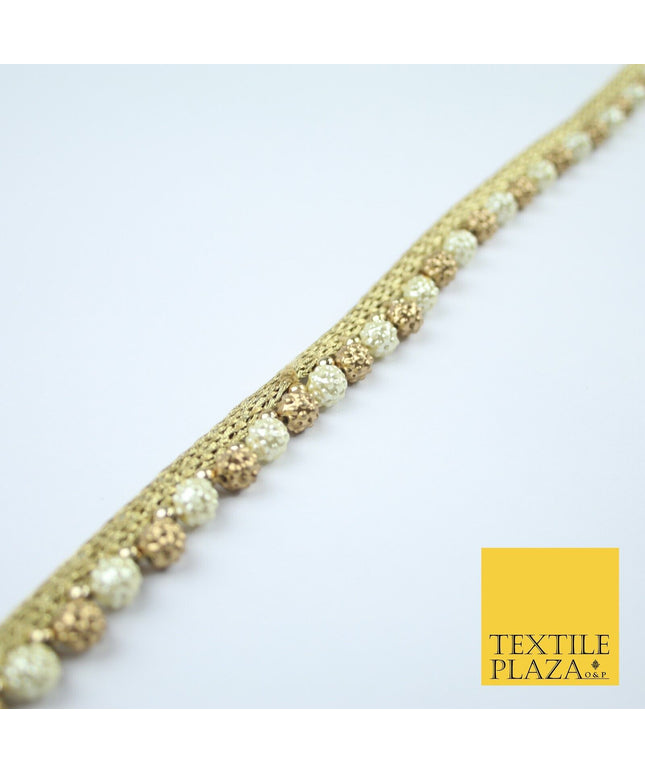 Ivory Cream / Antique Gold Textured Pearl Beaded Trim Border Gota Lace - X209