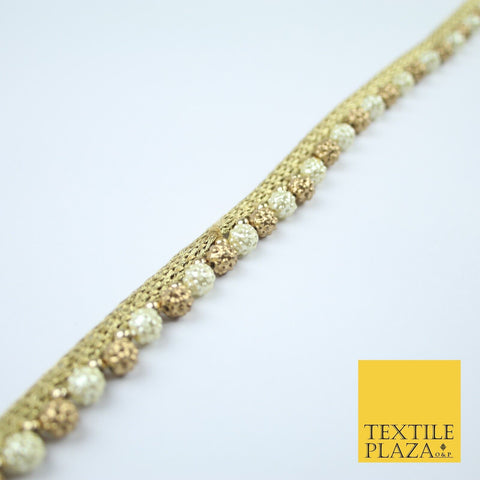 Ivory Cream / Antique Gold Textured Pearl Beaded Trim Border Gota Lace - X209