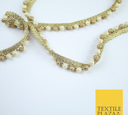 Ivory Cream / Antique Gold Textured Pearl Beaded Trim Border Gota Lace - X209