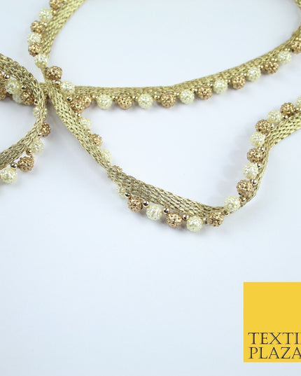 Ivory Cream / Antique Gold Textured Pearl Beaded Trim Border Gota Lace - X209