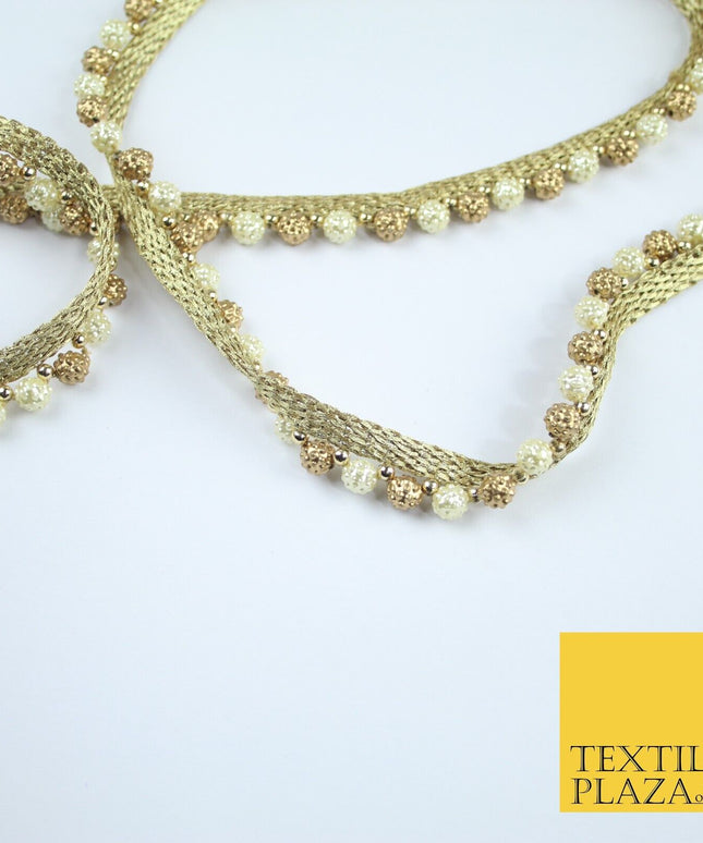 Ivory Cream / Antique Gold Textured Pearl Beaded Trim Border Gota Lace - X209