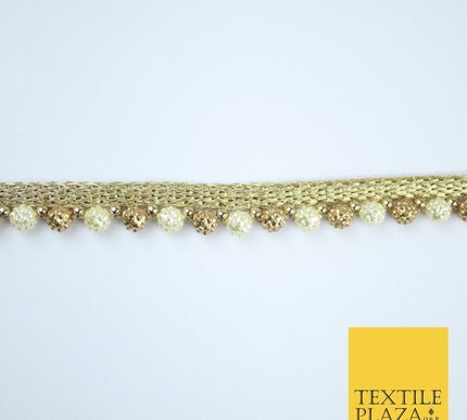 Ivory Cream / Antique Gold Textured Pearl Beaded Trim Border Gota Lace - X209