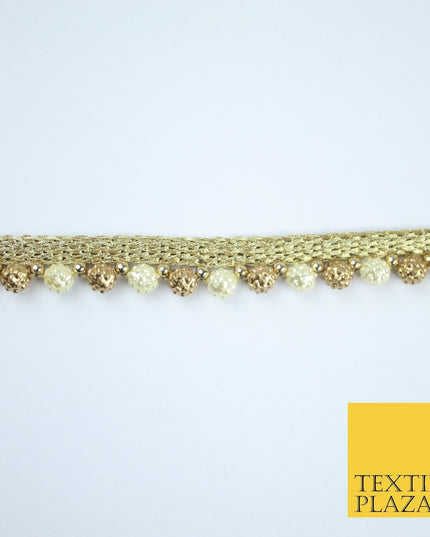 Ivory Cream / Antique Gold Textured Pearl Beaded Trim Border Gota Lace - X209