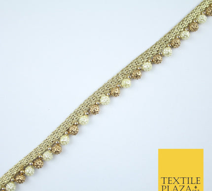Ivory Cream / Antique Gold Textured Pearl Beaded Trim Border Gota Lace - X209