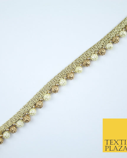 Ivory Cream / Antique Gold Textured Pearl Beaded Trim Border Gota Lace - X209