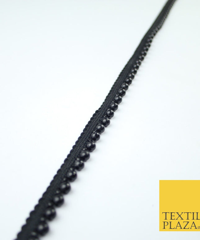 All Black Mini Pearl Beaded Ribbon Trim Border Indian Lace - 1.3cm Wide - X656