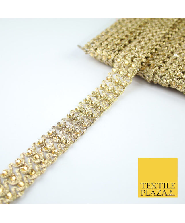 GOLD 3 Row Swag Triple Intense Diamonte Stones Trim Border Lace - 2cm Wide X648