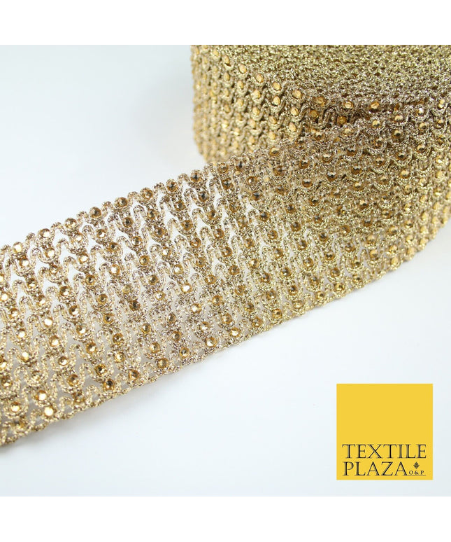 GOLD Large 9 Row Swag Intense Diamonte Stones Trim Border Lace - 6.5cm Wide X650