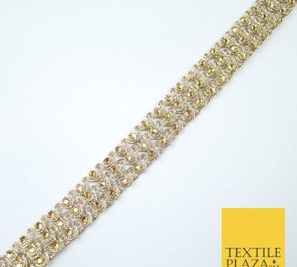 GOLD 3 Row Swag Triple Intense Diamonte Stones Trim Border Lace - 2cm Wide X648