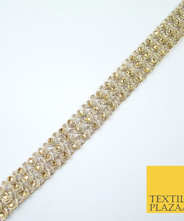 GOLD 3 Row Swag Triple Intense Diamonte Stones Trim Border Lace - 2cm Wide X648