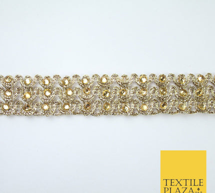 GOLD 3 Row Swag Triple Intense Diamonte Stones Trim Border Lace - 2cm Wide X648