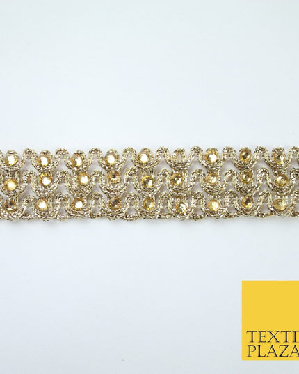 GOLD 3 Row Swag Triple Intense Diamonte Stones Trim Border Lace - 2cm Wide X648