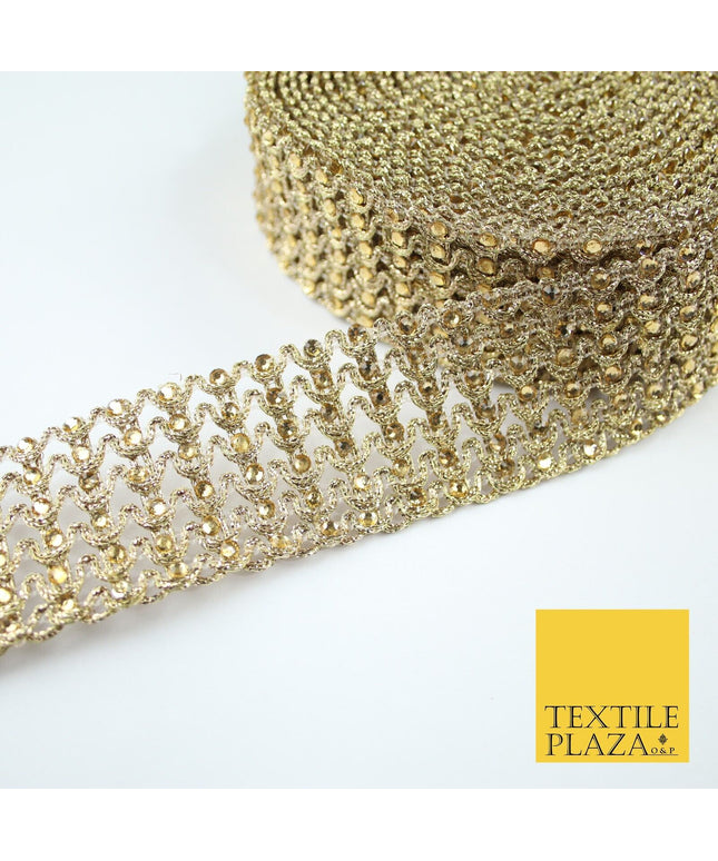 GOLD 6 Row Swag Intense Diamonte Stones Fancy Trim Border Lace - 4cm Wide - X649