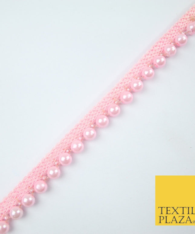 Coloured 7mm Pearl Ball Moti Beaded Ribbon Trim Border Indian Lace - 1.5cm Wide