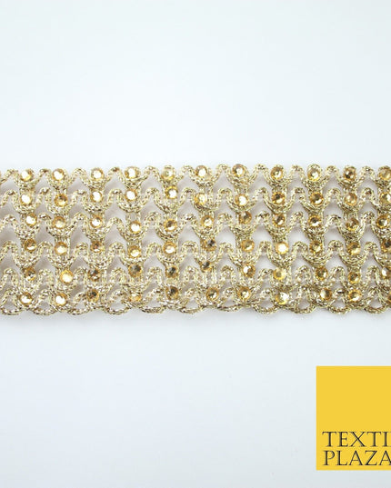 GOLD 6 Row Swag Intense Diamonte Stones Fancy Trim Border Lace - 4cm Wide - X649