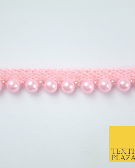 Coloured 7mm Pearl Ball Moti Beaded Ribbon Trim Border Indian Lace - 1.5cm Wide
