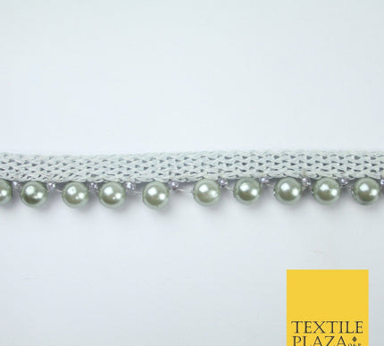 Coloured 7mm Pearl Ball Moti Beaded Ribbon Trim Border Indian Lace - 1.5cm Wide