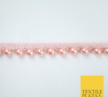 Coloured 7mm Pearl Ball Moti Beaded Ribbon Trim Border Indian Lace - 1.5cm Wide