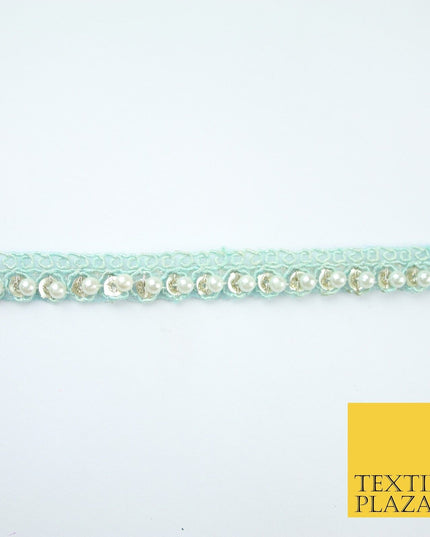 15 COLOURS - Premium Slim Sequin Pearl Beaded Ribbon Trim Border Lace - 1cm Wide