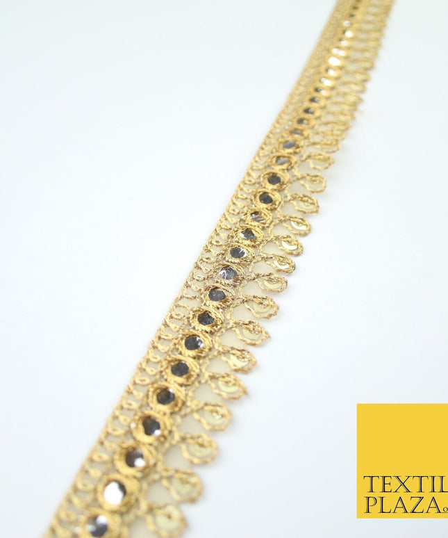 Gold Teardrop Mirror Effect Sequin Cutwork Net Trim Border Lace - 2cm Wide X620