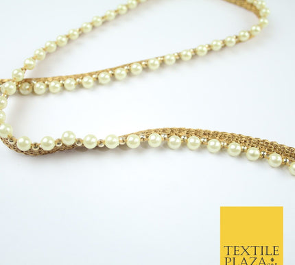 Full Ivory Cream Pearl Beaded Ribbon Trim Border Lace - 1.5cm Wide - X587