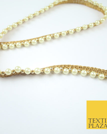 Full Ivory Cream Pearl Beaded Ribbon Trim Border Lace - 1.5cm Wide - X587