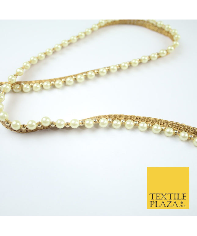 Full Ivory Cream Pearl Beaded Ribbon Trim Border Lace - 1.5cm Wide - X587