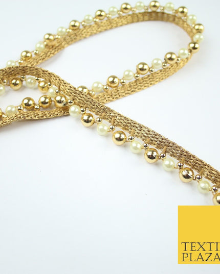 Matt Gold / Ivory Cream Pearl Beaded Ribbon Trim Border Lace - 1.5cm Wide - X585