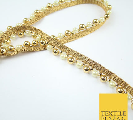 Matt Gold / Ivory Cream Pearl Beaded Ribbon Trim Border Lace - 1.5cm Wide - X585
