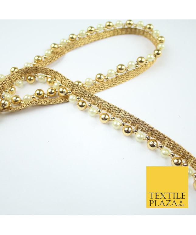Matt Gold / Ivory Cream Pearl Beaded Ribbon Trim Border Lace - 1.5cm Wide - X585