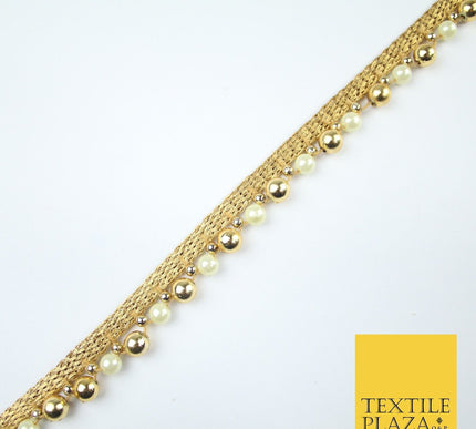 Matt Gold / Ivory Cream Pearl Beaded Ribbon Trim Border Lace - 1.5cm Wide - X585