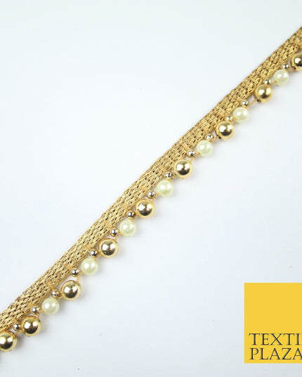 Matt Gold / Ivory Cream Pearl Beaded Ribbon Trim Border Lace - 1.5cm Wide - X585