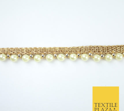 Full Ivory Cream Pearl Beaded Ribbon Trim Border Lace - 1.5cm Wide - X587