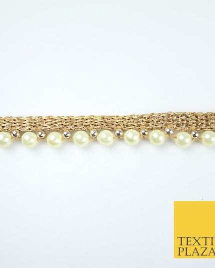 Full Ivory Cream Pearl Beaded Ribbon Trim Border Lace - 1.5cm Wide - X587