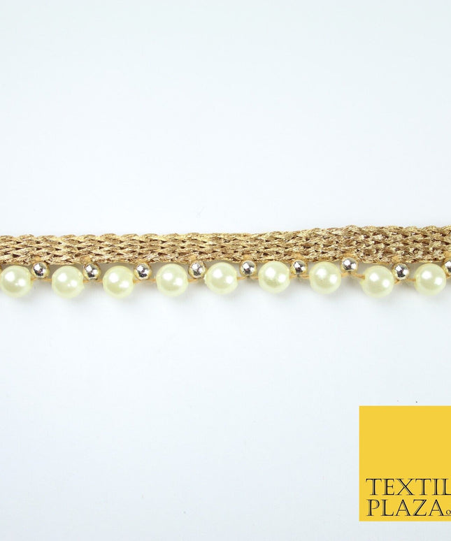 Full Ivory Cream Pearl Beaded Ribbon Trim Border Lace - 1.5cm Wide - X587