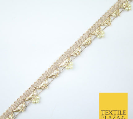 Gold Gota Patti Pearl Trio Clusters Ribbon Trim Border Lace - 2.5cm Wide - X606