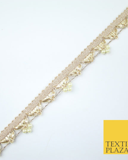 Gold Gota Patti Pearl Trio Clusters Ribbon Trim Border Lace - 2.5cm Wide - X606