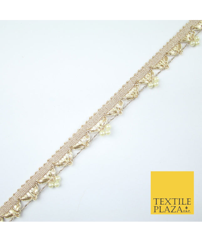 Gold Gota Patti Pearl Trio Clusters Ribbon Trim Border Lace - 2.5cm Wide - X606