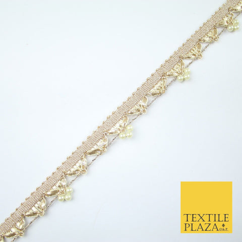 Gold Gota Patti Pearl Trio Clusters Ribbon Trim Border Lace - 2.5cm Wide - X606