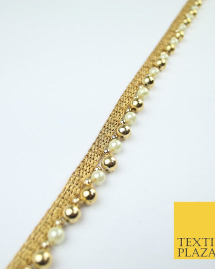 Matt Gold / Ivory Cream Pearl Beaded Ribbon Trim Border Lace - 1.5cm Wide - X585