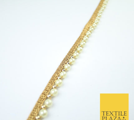 Full Ivory Cream Pearl Beaded Ribbon Trim Border Lace - 1.5cm Wide - X587