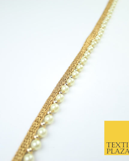 Full Ivory Cream Pearl Beaded Ribbon Trim Border Lace - 1.5cm Wide - X587