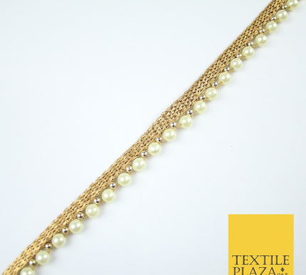 Full Ivory Cream Pearl Beaded Ribbon Trim Border Lace - 1.5cm Wide - X587