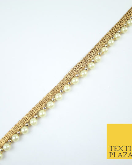 Full Ivory Cream Pearl Beaded Ribbon Trim Border Lace - 1.5cm Wide - X587