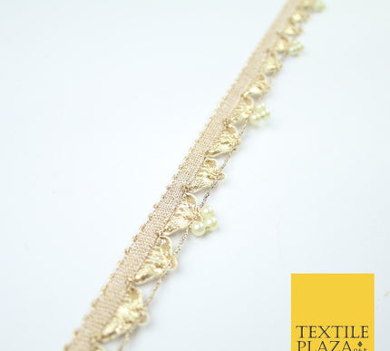Gold Gota Patti Pearl Trio Clusters Ribbon Trim Border Lace - 2.5cm Wide - X606