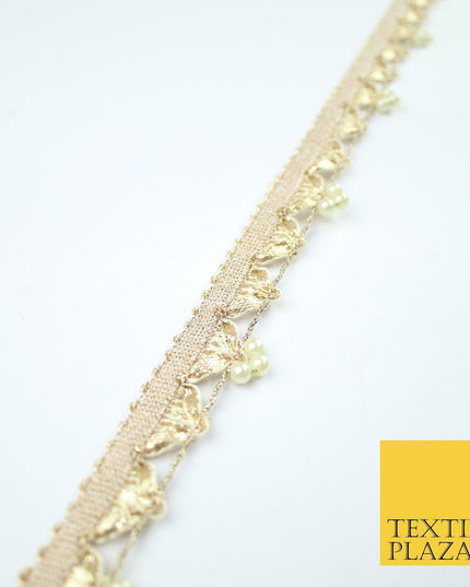 Gold Gota Patti Pearl Trio Clusters Ribbon Trim Border Lace - 2.5cm Wide - X606