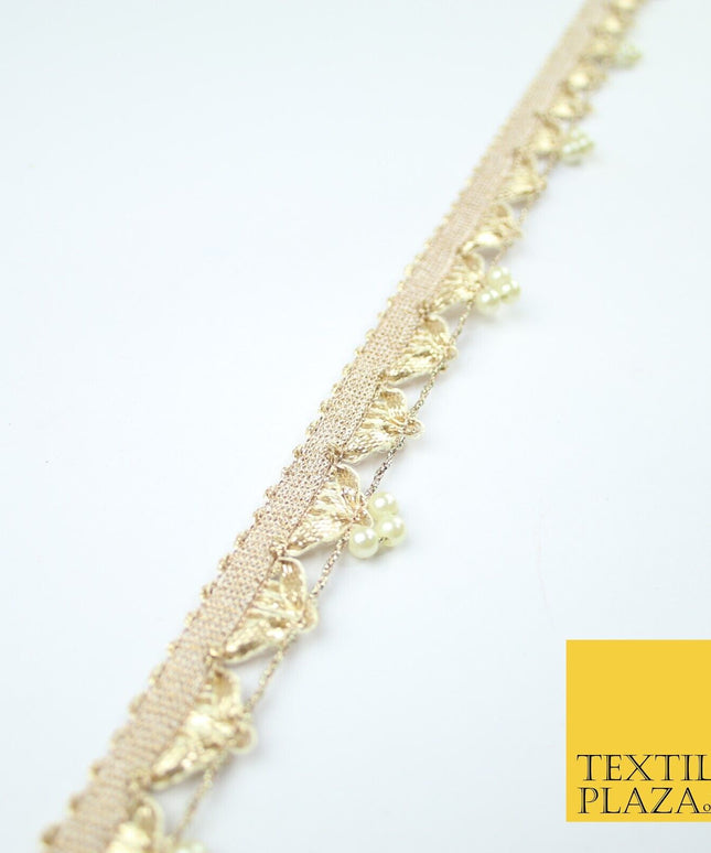 Gold Gota Patti Pearl Trio Clusters Ribbon Trim Border Lace - 2.5cm Wide - X606